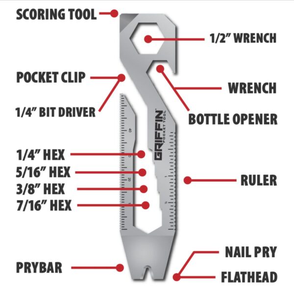 Griffin Pocket Tool - XL - Stainless Steel - Imperial Measurements - Image 2