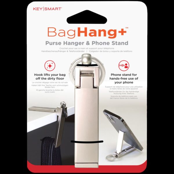 KeySmart BagHang Plus Purse Hanger & Phone Stand; Stainless Steel